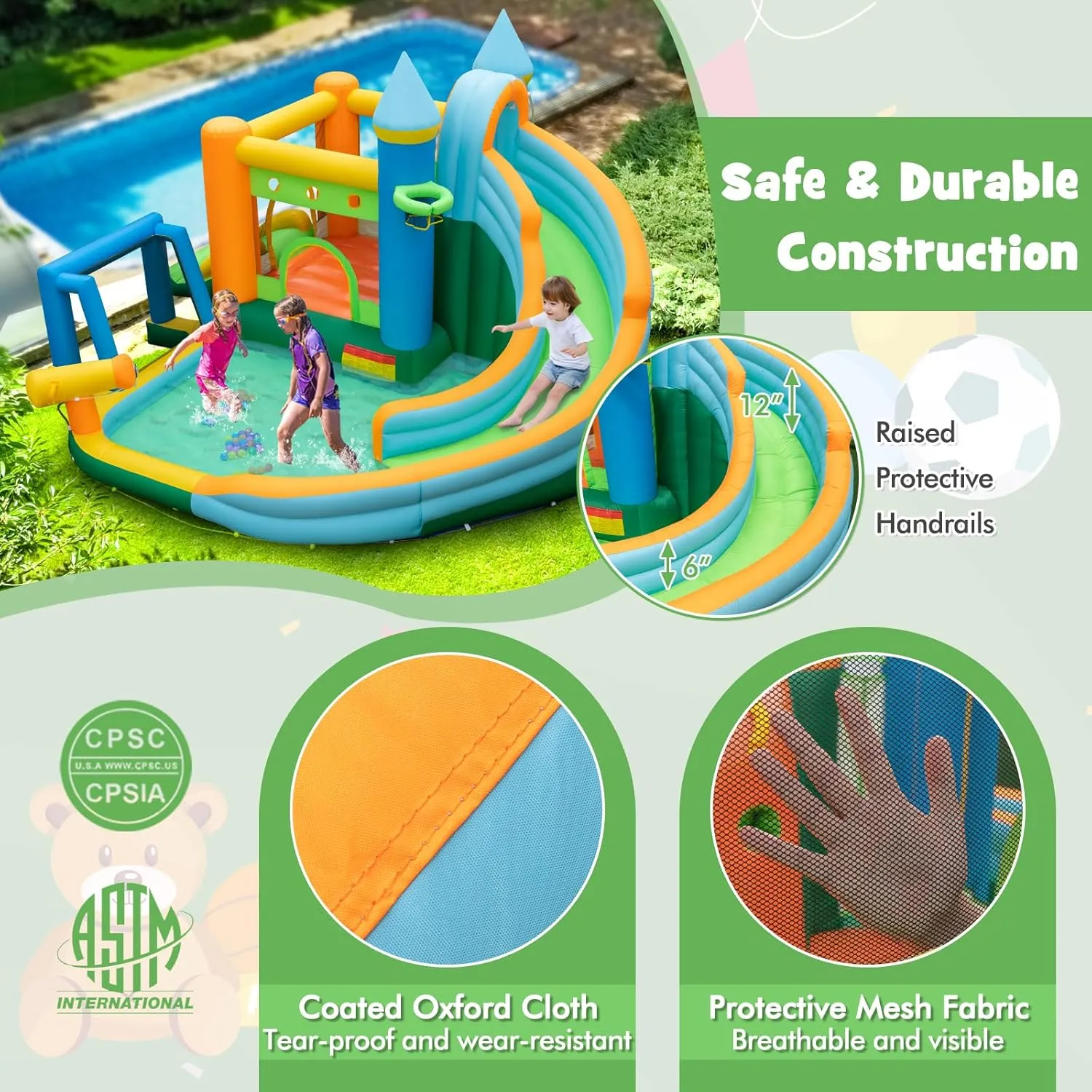HONEY JOY Inflatable Water Slide, 9 in 1 Giant Water Bounce House Park w/Dual Slides, Soccer Gate, Deep Splash Pool, Indoor Outdoor Waterslides Inflatable for Kids Backyard (with 735w Blower)