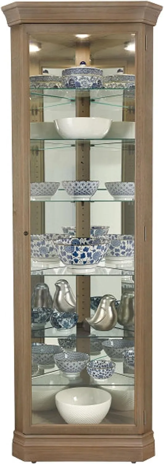 Howard Miller Glauber Corner Curio Cabinet II - Lockable Slide Door Metal Shelf Clips with Grey Finish Cabinets for Collectibles, Decorative Items Trophies Home Decor & Living Room