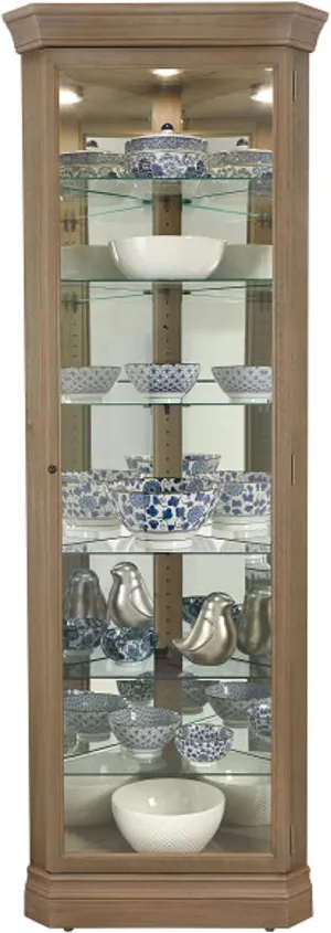 Howard Miller Glauber Corner Curio Cabinet II - Lockable Slide Door Metal Shelf Clips with Grey Finish Cabinets for Collectibles, Decorative Items Trophies Home Decor & Living Room