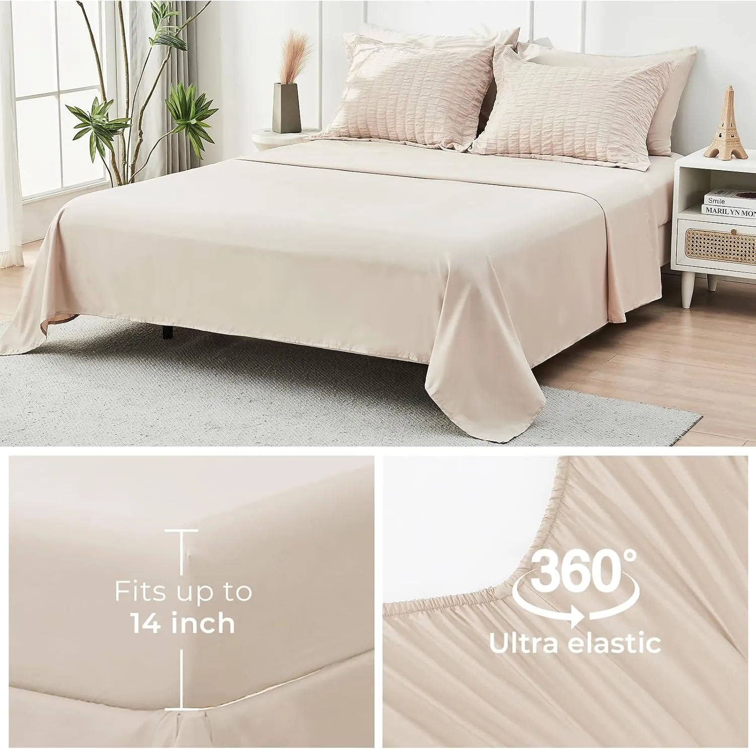HYMOKEGE Beige Queen Comforter Set Seersucker 7 Pieces, All Season Luxury Bed in a Bag for Bedroom, Bedding Set with Comforters, Sheets, Pillowcases & Shams
