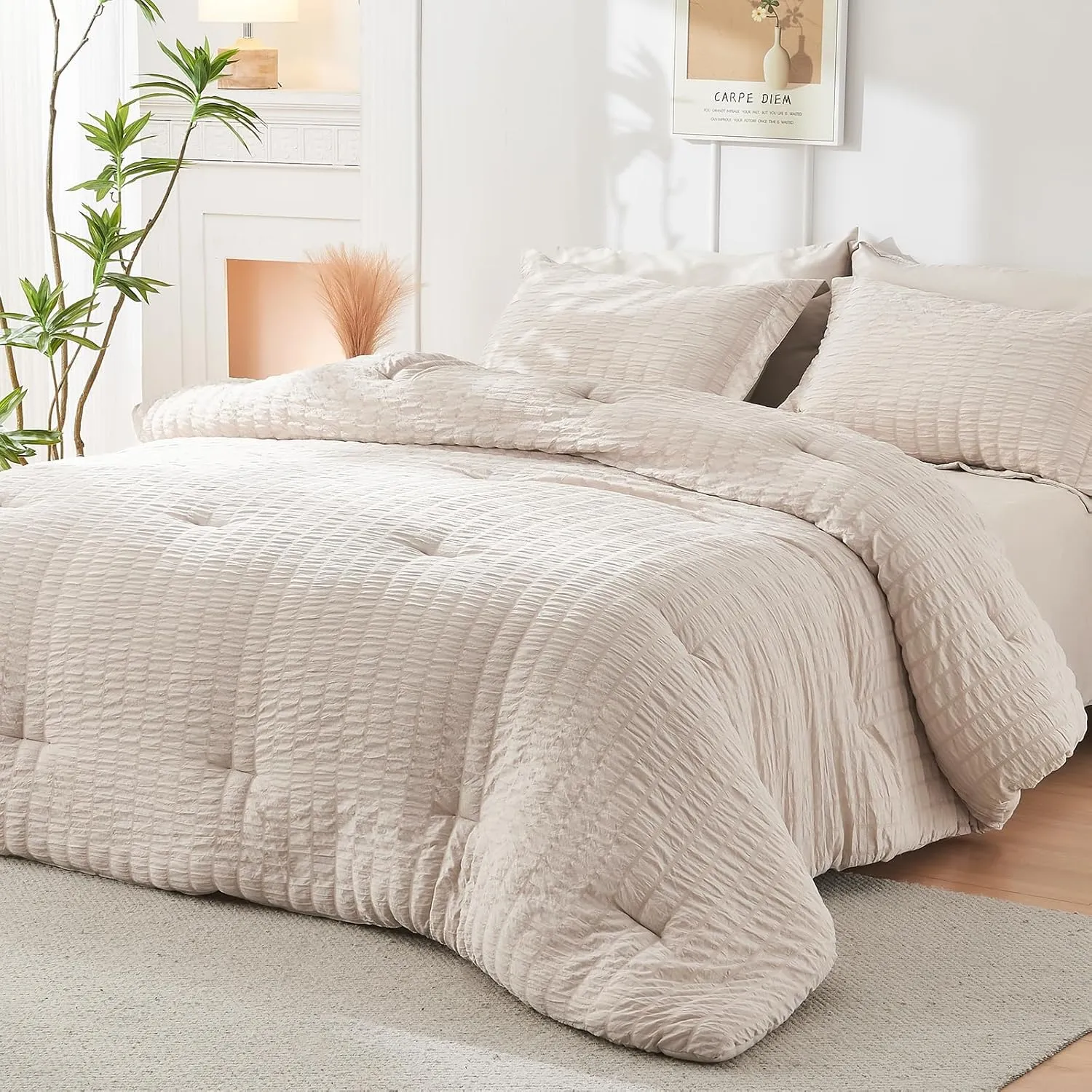 HYMOKEGE Beige Queen Comforter Set Seersucker 7 Pieces, All Season Luxury Bed in a Bag for Bedroom, Bedding Set with Comforters, Sheets, Pillowcases & Shams