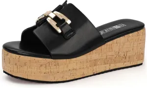 IDIFU IN2 Platform Sandals Open Toe Wedge Sandals for Women Dressy with Metal Chain Slip on Cute Summer Beach Chunky Slide Sandals Shoes Comfortable Fashion Casual Flatform Cork Wedges