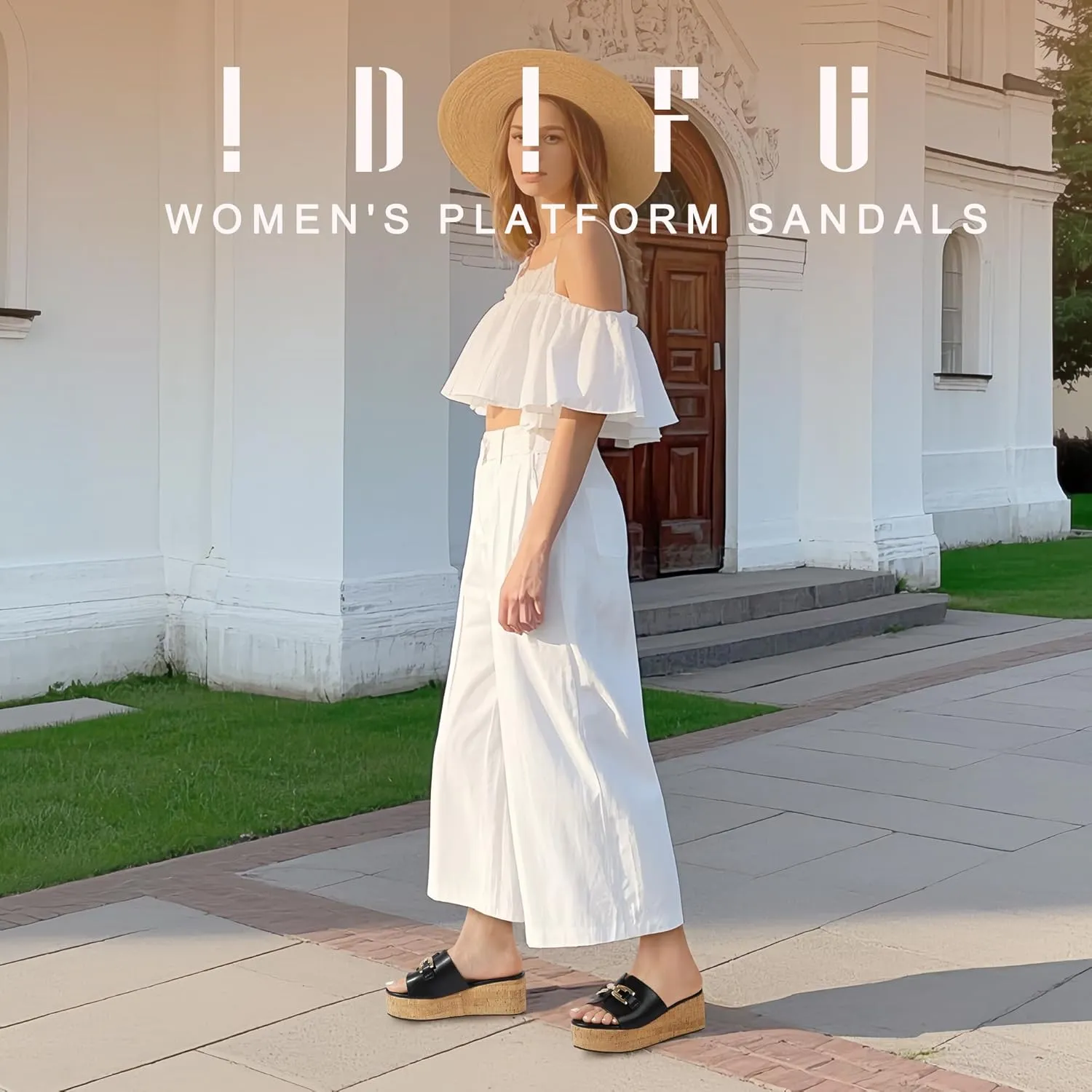 IDIFU IN2 Platform Sandals Open Toe Wedge Sandals for Women Dressy with Metal Chain Slip on Cute Summer Beach Chunky Slide Sandals Shoes Comfortable Fashion Casual Flatform Cork Wedges
