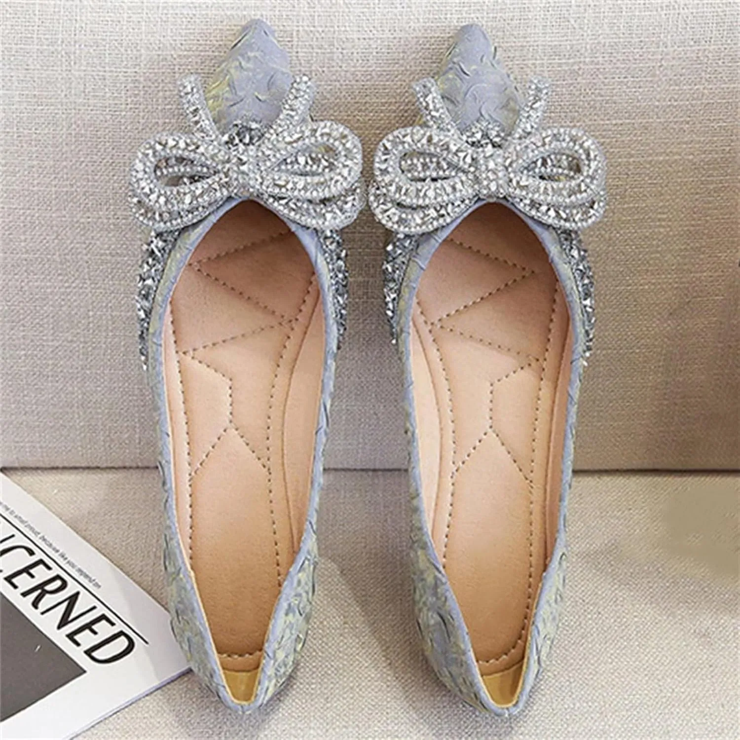 INEELUYI Ballets Flats for Women Bling Rhinestone Bowtie Dress Flat Shoes Slip on Soft Wedding Bowknot Flat Shoes