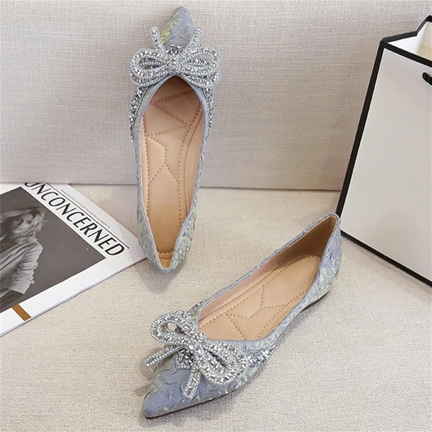 INEELUYI Ballets Flats for Women Bling Rhinestone Bowtie Dress Flat Shoes Slip on Soft Wedding Bowknot Flat Shoes