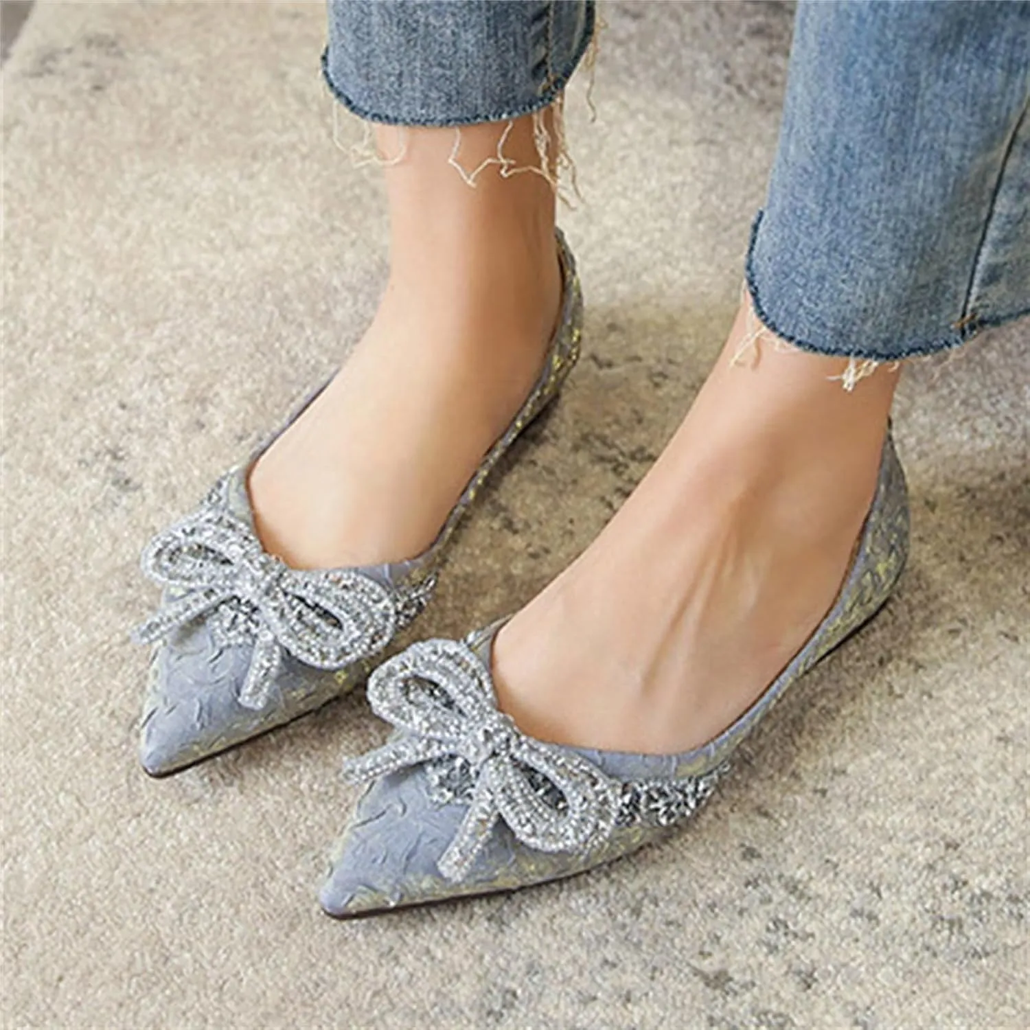 INEELUYI Ballets Flats for Women Bling Rhinestone Bowtie Dress Flat Shoes Slip on Soft Wedding Bowknot Flat Shoes