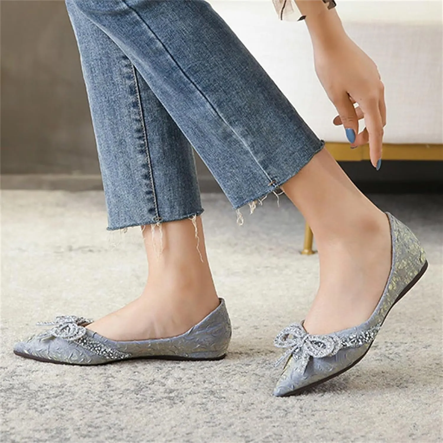 INEELUYI Ballets Flats for Women Bling Rhinestone Bowtie Dress Flat Shoes Slip on Soft Wedding Bowknot Flat Shoes