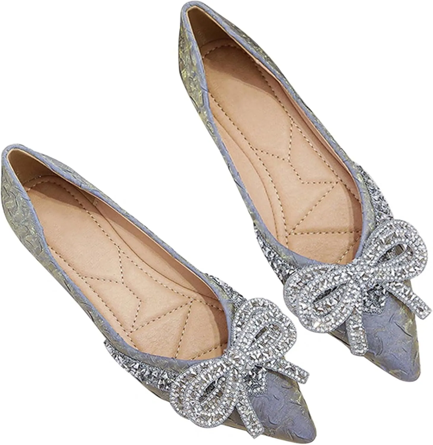 INEELUYI Ballets Flats for Women Bling Rhinestone Bowtie Dress Flat Shoes Slip on Soft Wedding Bowknot Flat Shoes