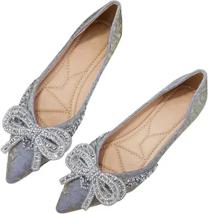 INEELUYI Ballets Flats for Women Bling Rhinestone Bowtie Dress Flat Shoes Slip on Soft Wedding Bowknot Flat Shoes