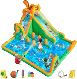 Inflatable Bounce House for Kids, Large Playhouse Castle Water Park with Long Water Slide, Blower, Ball Pit Pool, Obstacle, Climbing Wall, Basketball Hoop for Kids and Toddlers