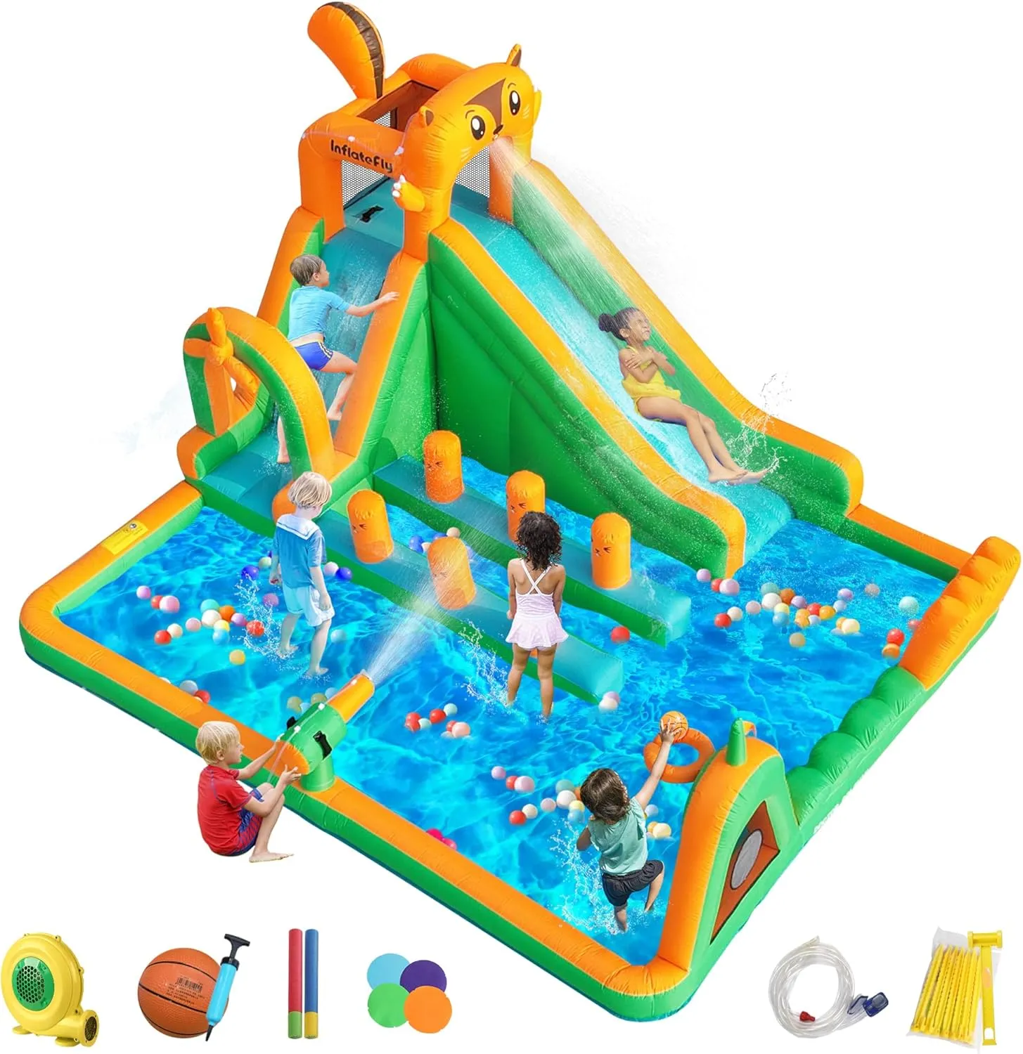 Inflatable Bounce House for Kids, Large Playhouse Castle Water Park with Long Water Slide, Blower, Ball Pit Pool, Obstacle, Climbing Wall, Basketball Hoop for Kids and Toddlers