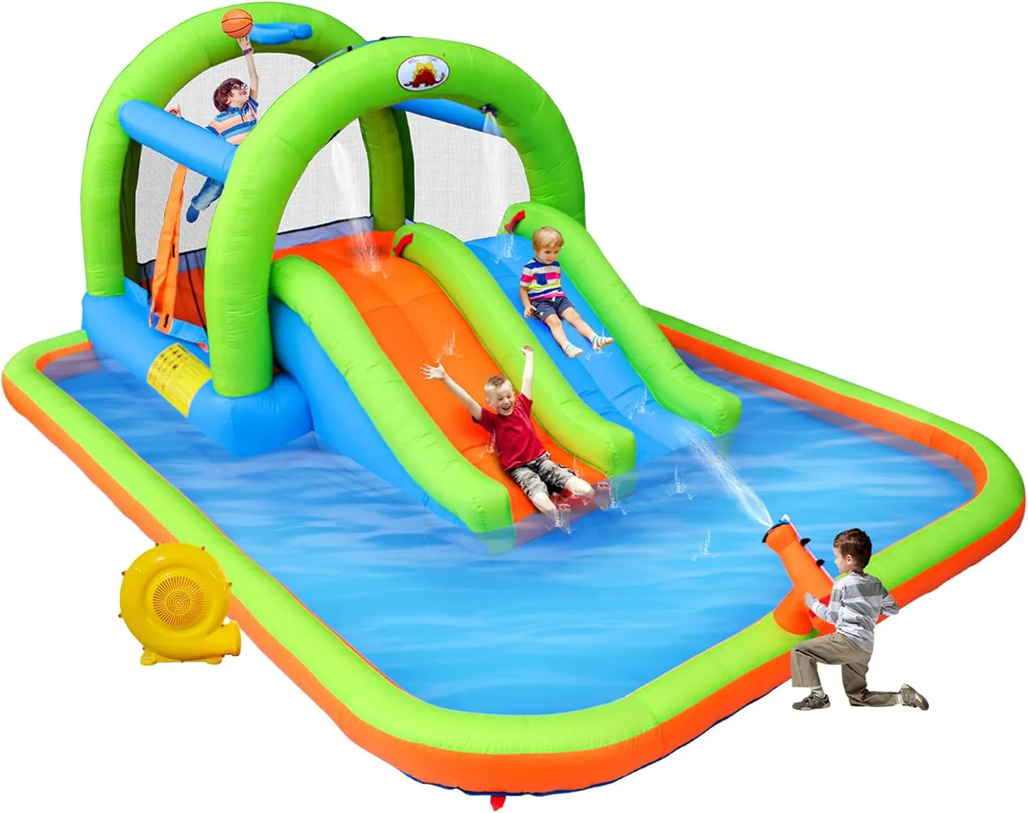 Inflatable Water Park with Blower, and Bouncy House with Double Slide with Water Cannon and Basketball Ring