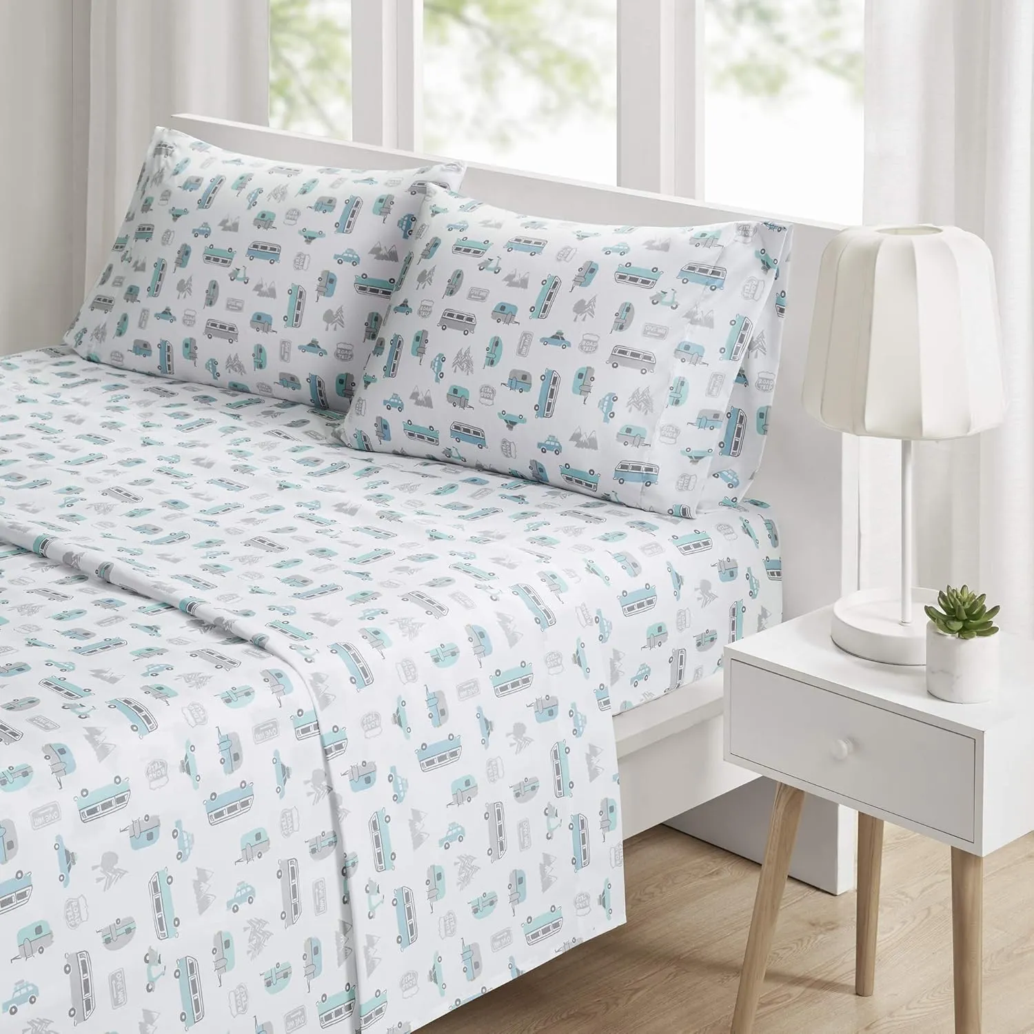 Intelligent Design Microfiber Cozy Bed Sheet Set, Modern All Season Bedding & Pillowcases, Premium 14" Elastic Pocket Fits up to 16" Mattress, Full Grey/Blue Road Trip 4 Piece