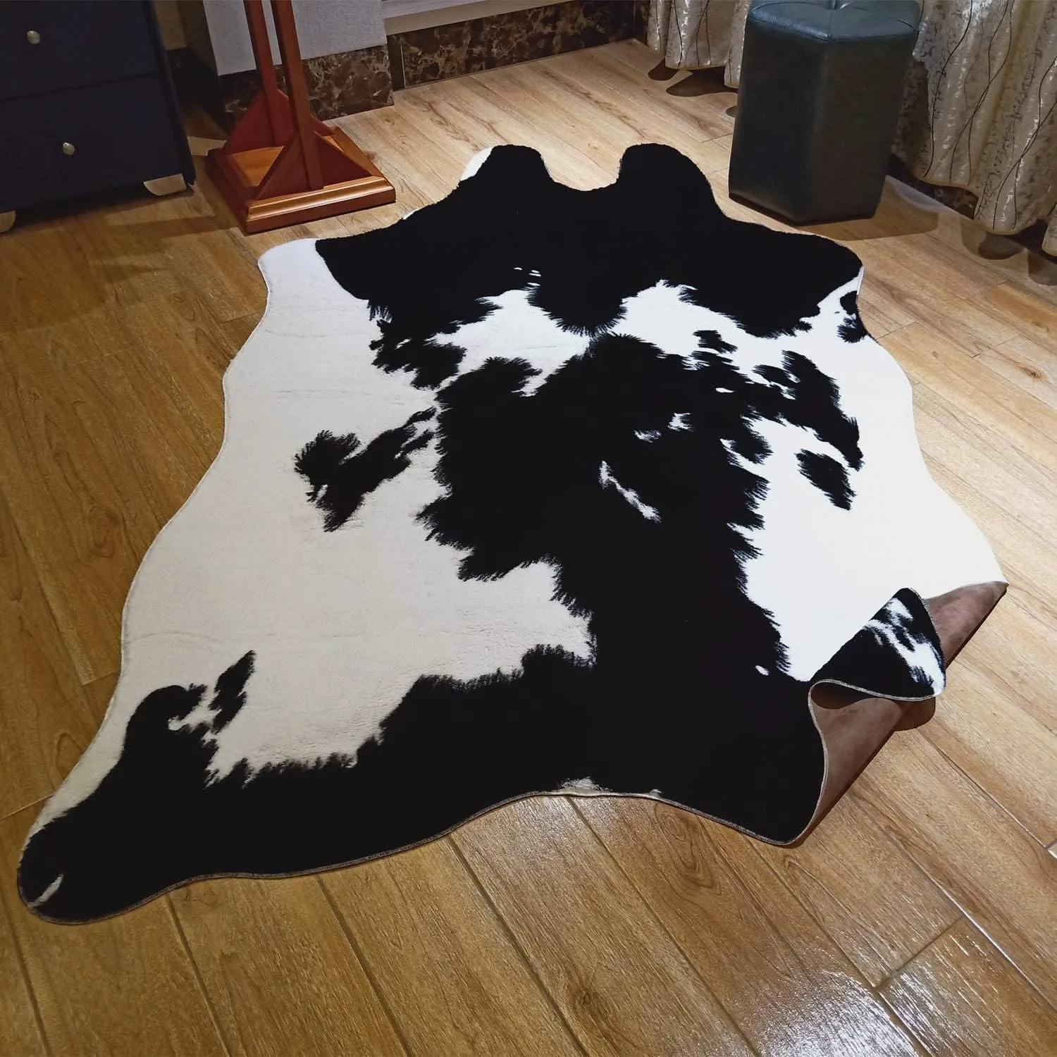 JACCAWS Black Faux Cowhide Rug (6.2ft x 8.3ft)-Soft and Skin-Friendly Animal Hide Rug,Non-Slip Cow Print Rug for Living Room, Bedroom, Dining Area or Office. (Black and White, 6.2 x 8.3 Feet)