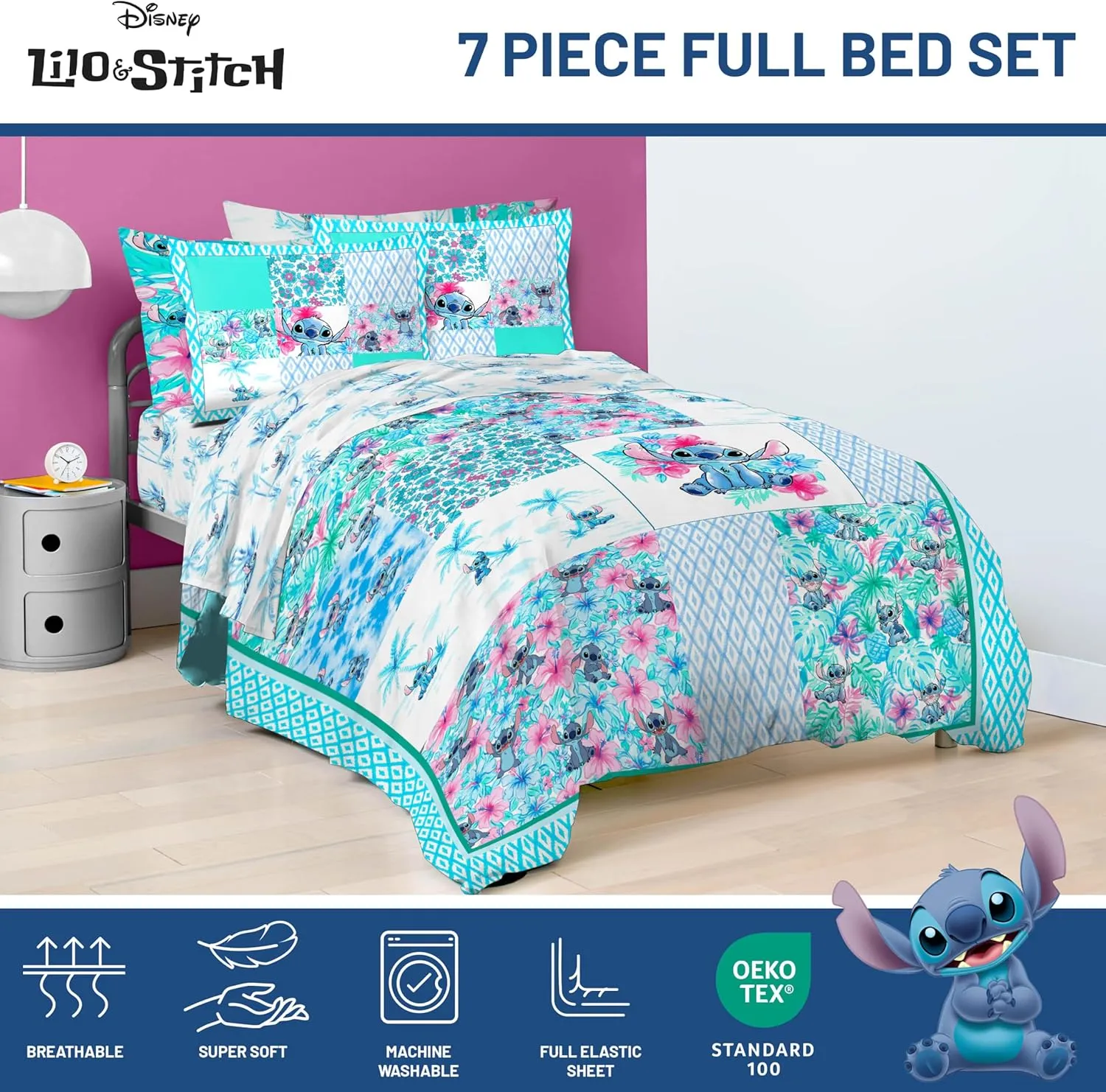 Jay Franco Kids Comforter Set Includes Sheets and Pillow Covers - Soft and Cozy Bed Set for Stylish Room Decor, Multi - Lilo and Stitch 02, 7 Piece Full Bedding