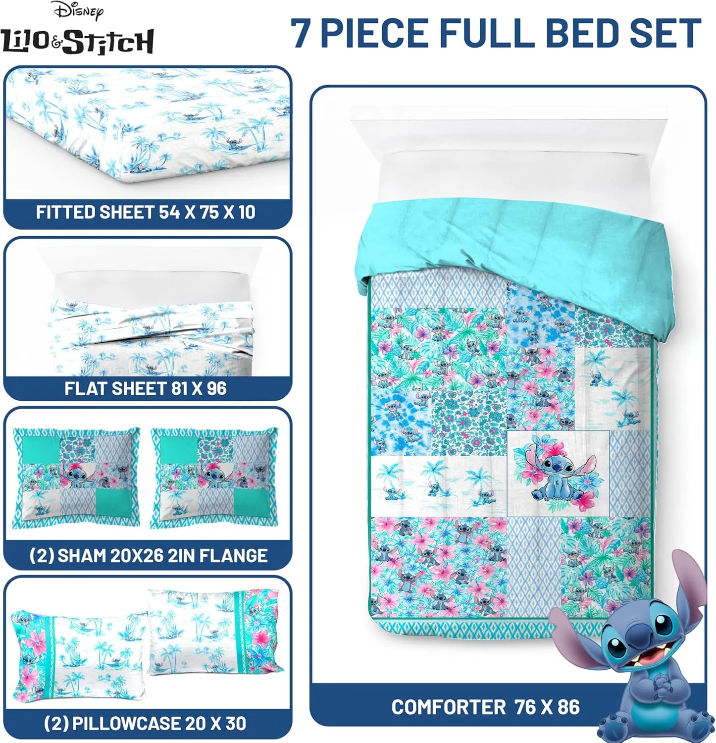 Jay Franco Kids Comforter Set Includes Sheets and Pillow Covers - Soft and Cozy Bed Set for Stylish Room Decor, Multi - Lilo and Stitch 02, 7 Piece Full Bedding