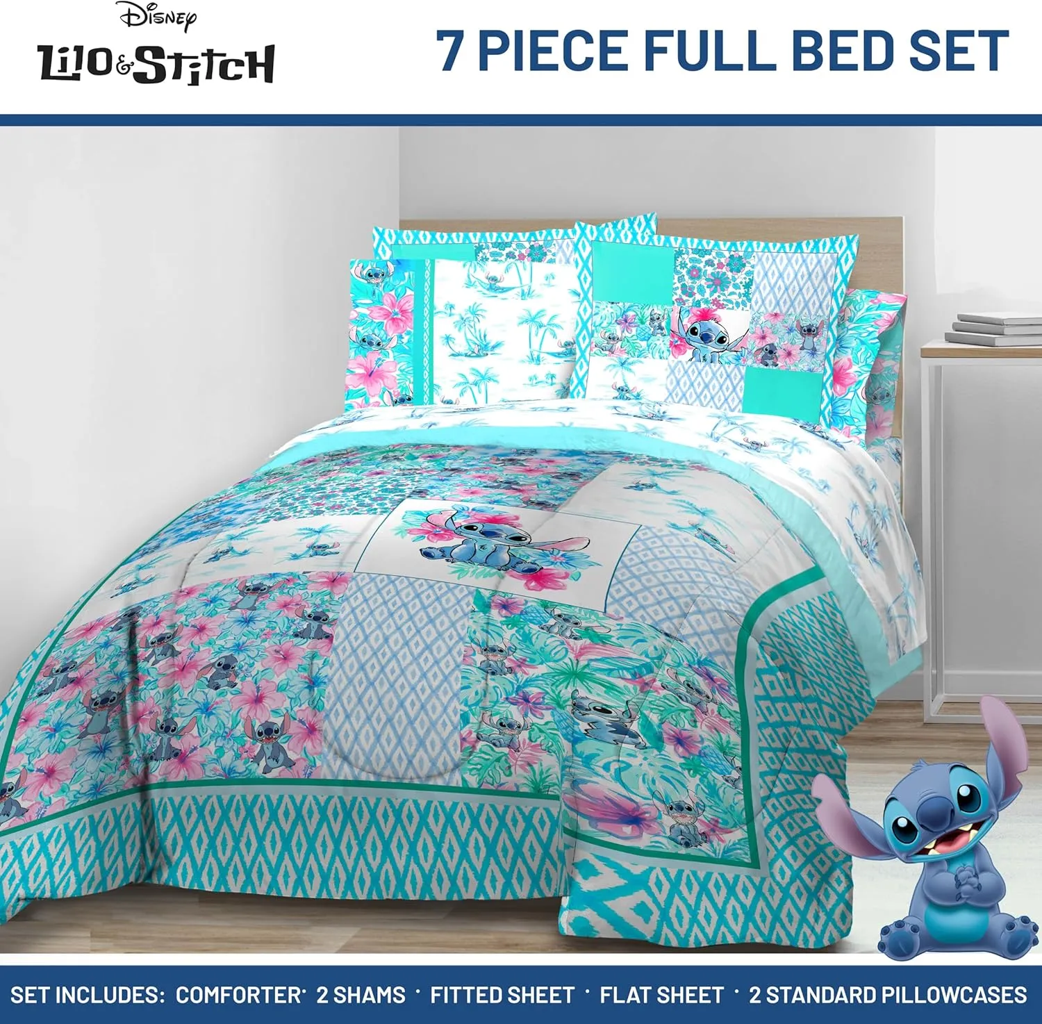 Jay Franco Kids Comforter Set Includes Sheets and Pillow Covers - Soft and Cozy Bed Set for Stylish Room Decor, Multi - Lilo and Stitch 02, 7 Piece Full Bedding