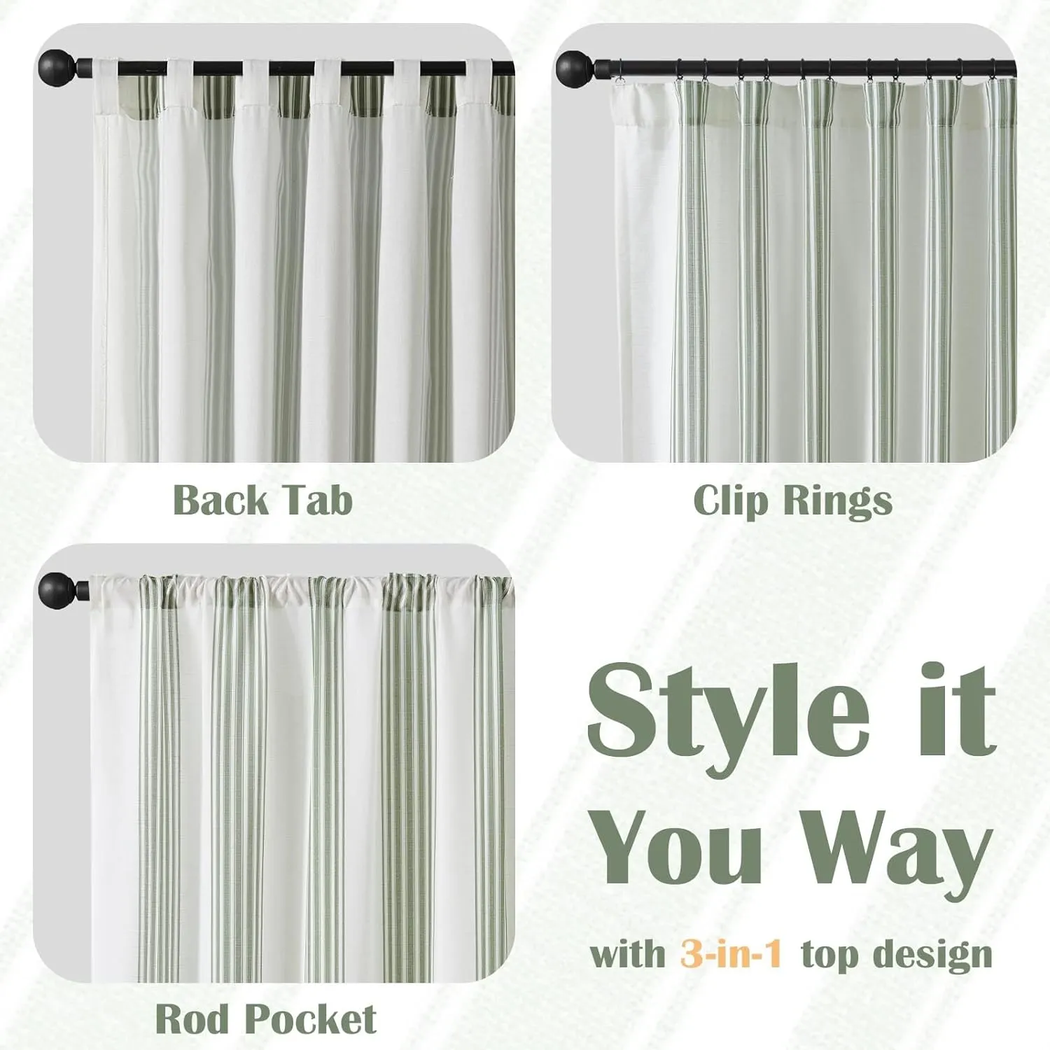 jinchan Striped Linen Blend Curtains 96 Inchrd Long for Living Room Sage Green Stripe Rod Pocket Semi Sheer Light Filtering Drapes for Bedroom Farmhouse Curtain Set 2 Panels
