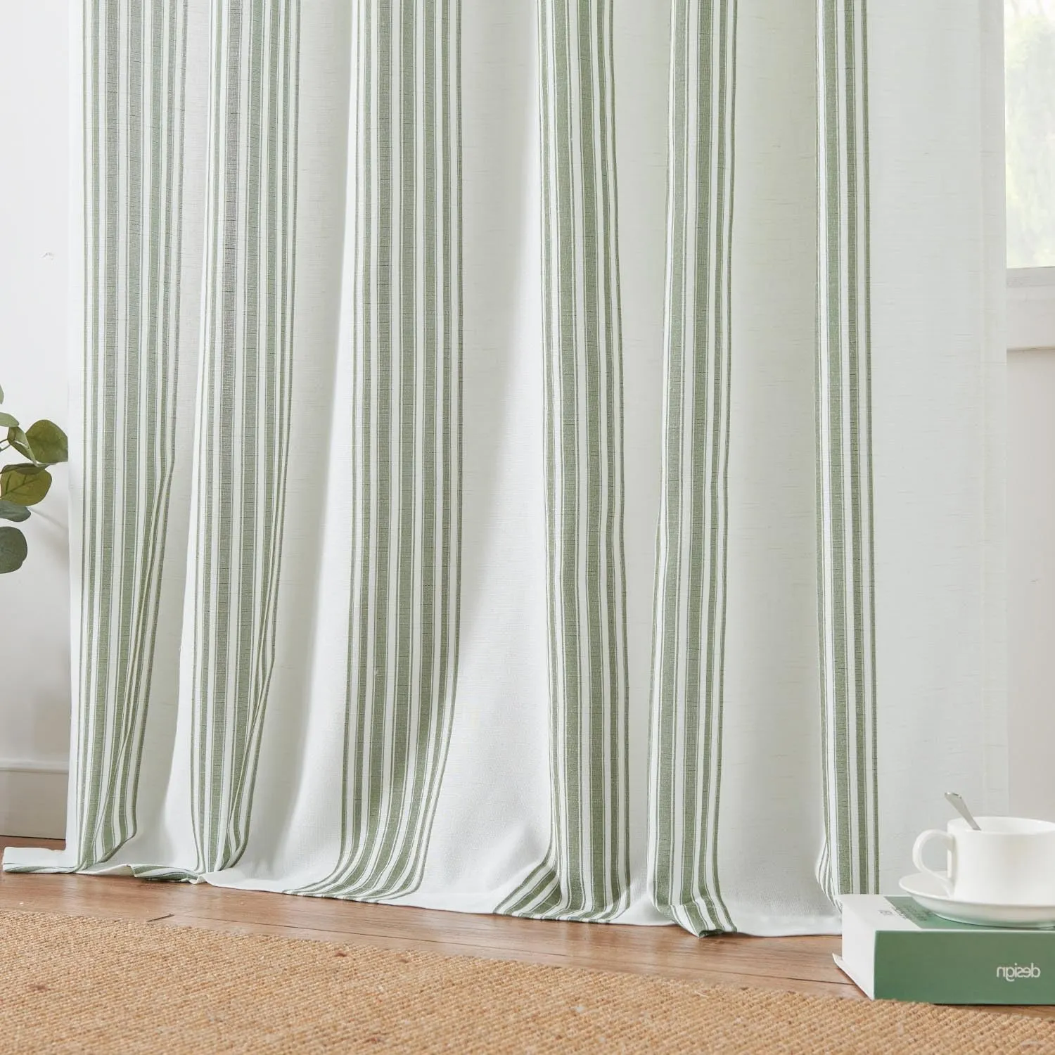 jinchan Striped Linen Blend Curtains 96 Inchrd Long for Living Room Sage Green Stripe Rod Pocket Semi Sheer Light Filtering Drapes for Bedroom Farmhouse Curtain Set 2 Panels