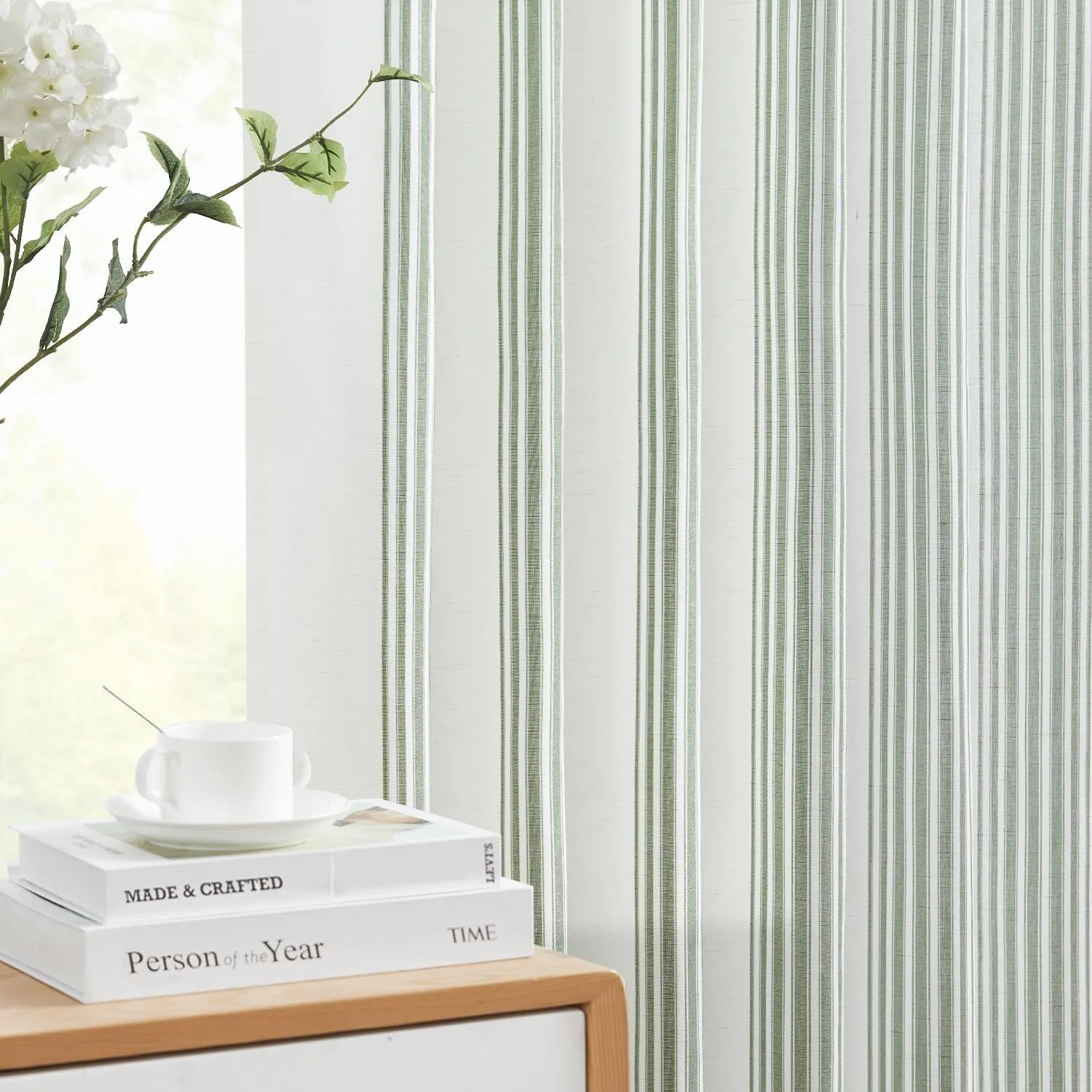 jinchan Striped Linen Blend Curtains 96 Inchrd Long for Living Room Sage Green Stripe Rod Pocket Semi Sheer Light Filtering Drapes for Bedroom Farmhouse Curtain Set 2 Panels