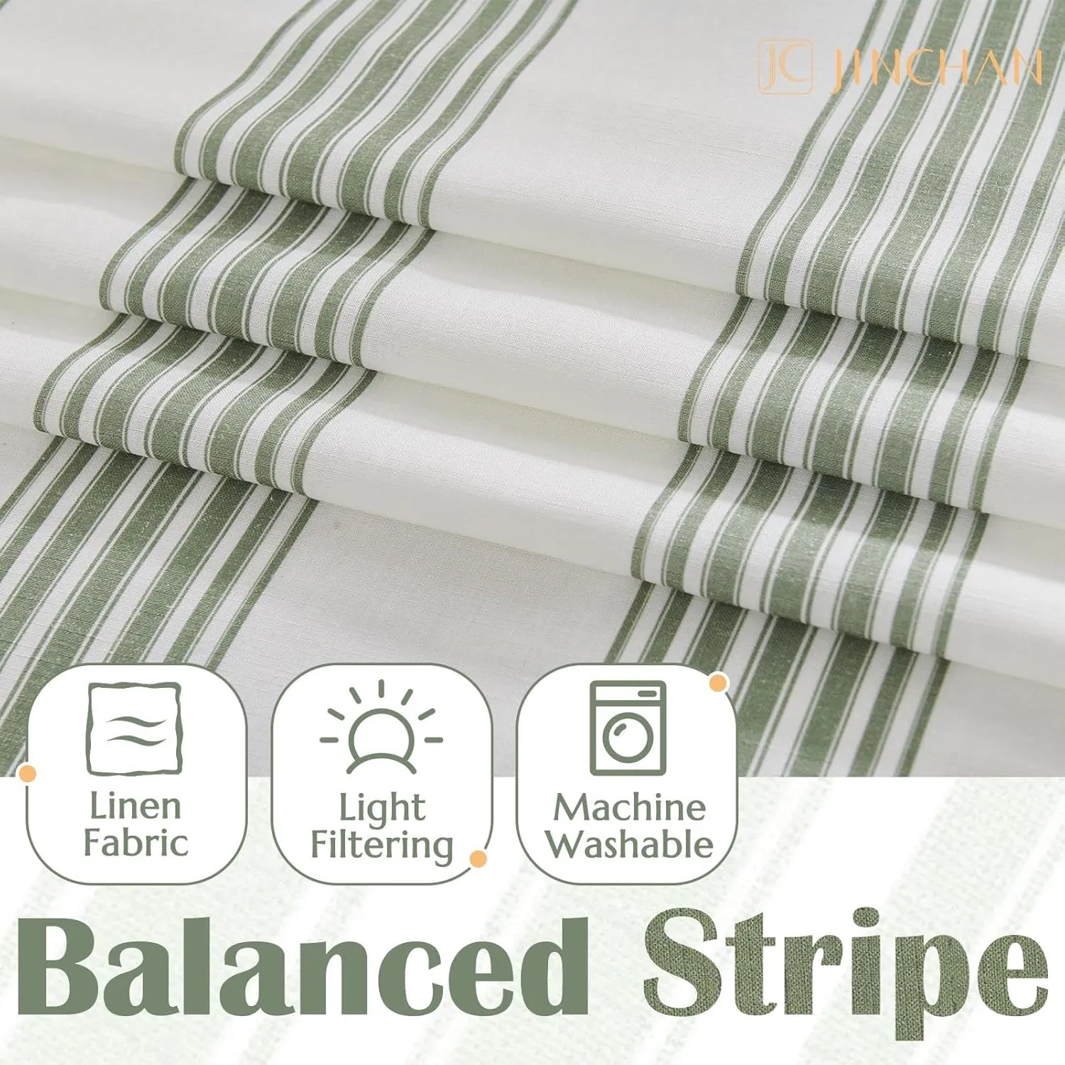 jinchan Striped Linen Blend Curtains 96 Inchrd Long for Living Room Sage Green Stripe Rod Pocket Semi Sheer Light Filtering Drapes for Bedroom Farmhouse Curtain Set 2 Panels