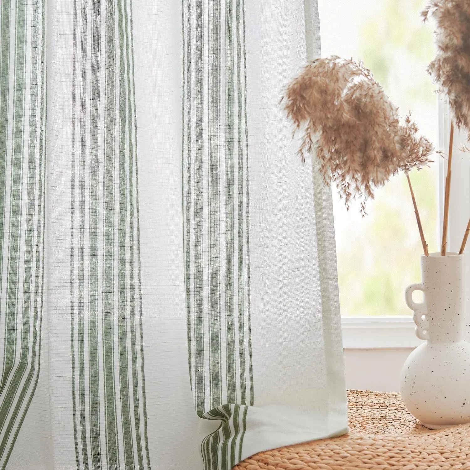 jinchan Striped Linen Blend Curtains 96 Inchrd Long for Living Room Sage Green Stripe Rod Pocket Semi Sheer Light Filtering Drapes for Bedroom Farmhouse Curtain Set 2 Panels