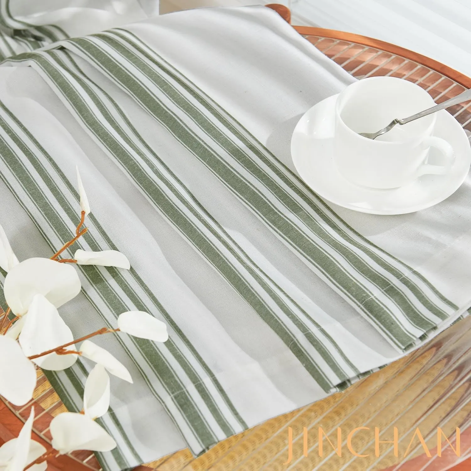 jinchan Striped Linen Blend Curtains 96 Inchrd Long for Living Room Sage Green Stripe Rod Pocket Semi Sheer Light Filtering Drapes for Bedroom Farmhouse Curtain Set 2 Panels