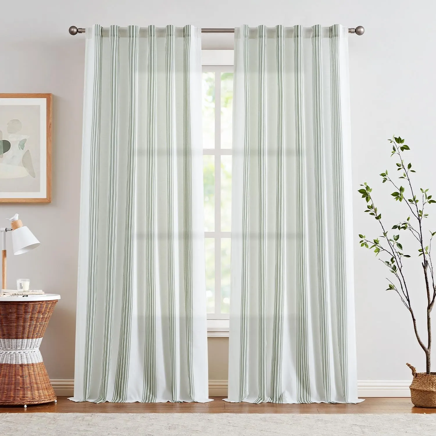 jinchan Striped Linen Blend Curtains 96 Inchrd Long for Living Room Sage Green Stripe Rod Pocket Semi Sheer Light Filtering Drapes for Bedroom Farmhouse Curtain Set 2 Panels