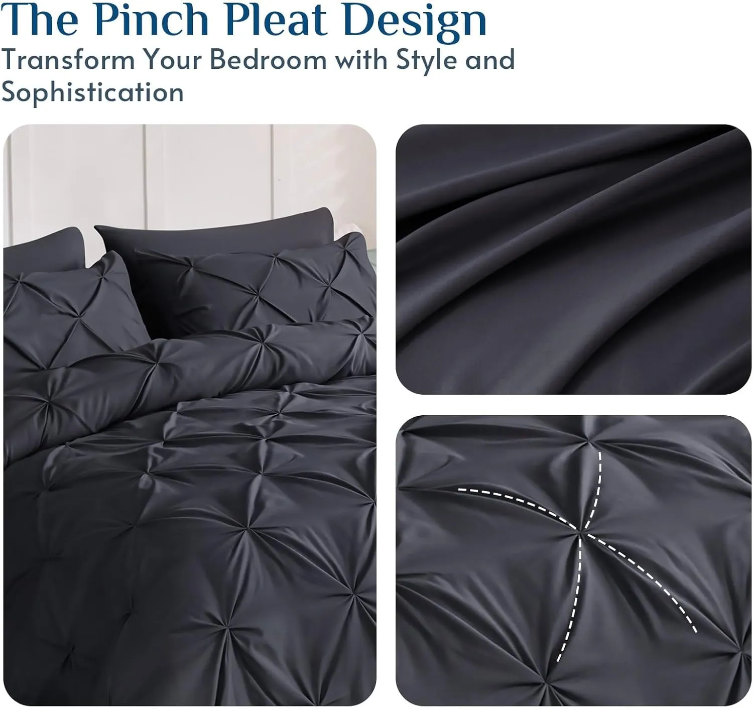 JOLLYVOGUE Queen Comforter Set 7 Pieces - Bed in a Bag Queen for All Season, Pintuck Bedding Comforter Sets with Comforter, Flat Sheet, Fitted Sheet and Pillowcases & Shams, Dark Grey