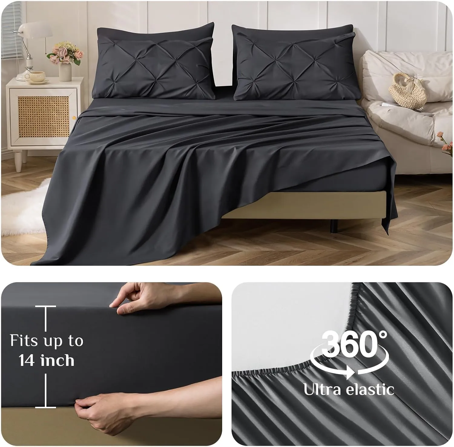 JOLLYVOGUE Queen Comforter Set 7 Pieces - Bed in a Bag Queen for All Season, Pintuck Bedding Comforter Sets with Comforter, Flat Sheet, Fitted Sheet and Pillowcases & Shams, Dark Grey