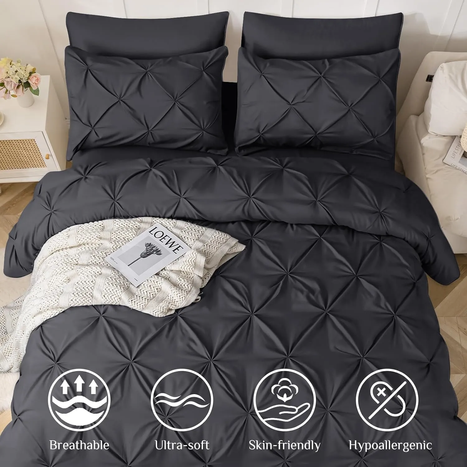 JOLLYVOGUE Queen Comforter Set 7 Pieces - Bed in a Bag Queen for All Season, Pintuck Bedding Comforter Sets with Comforter, Flat Sheet, Fitted Sheet and Pillowcases & Shams, Dark Grey