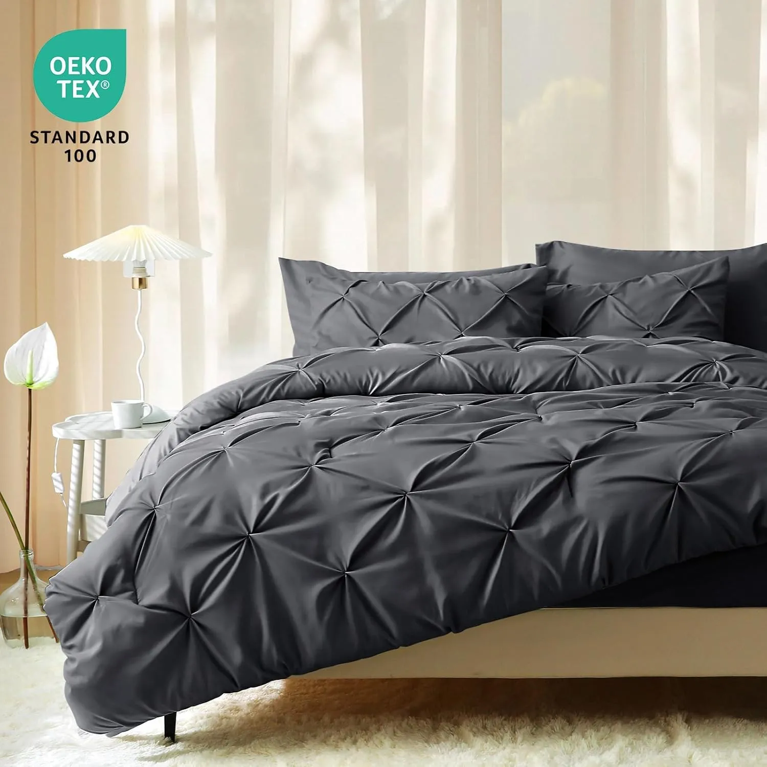 JOLLYVOGUE Queen Comforter Set 7 Pieces - Bed in a Bag Queen for All Season, Pintuck Bedding Comforter Sets with Comforter, Flat Sheet, Fitted Sheet and Pillowcases & Shams, Dark Grey