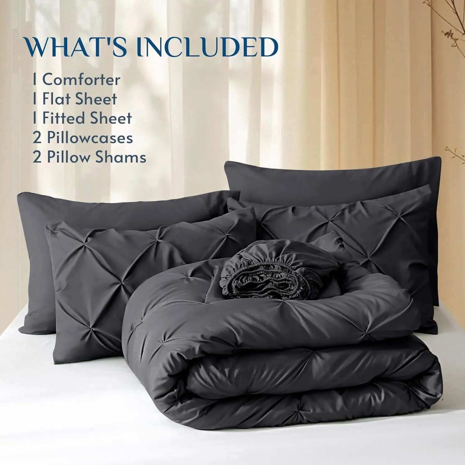 JOLLYVOGUE Queen Comforter Set 7 Pieces - Bed in a Bag Queen for All Season, Pintuck Bedding Comforter Sets with Comforter, Flat Sheet, Fitted Sheet and Pillowcases & Shams, Dark Grey