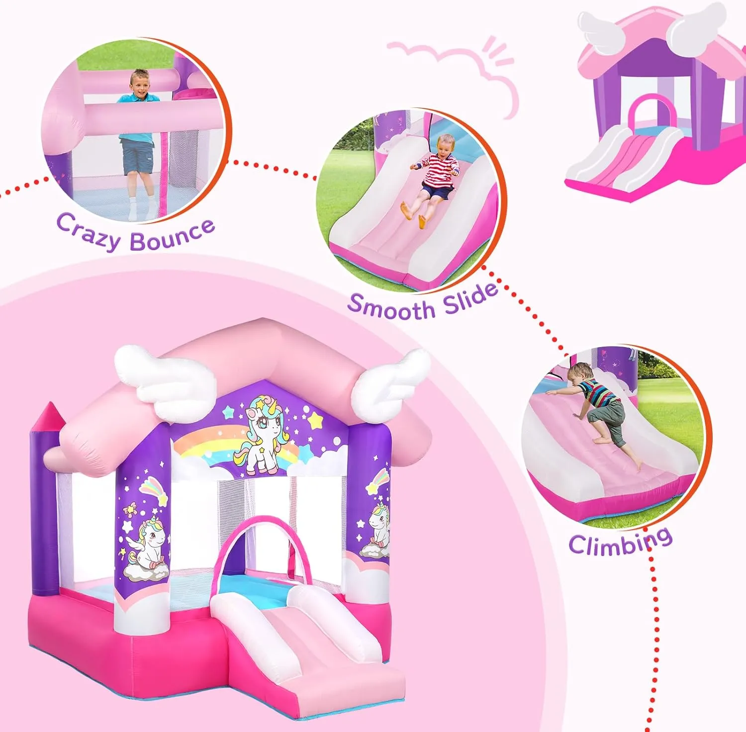 JOYMOR Pink Inflatable Bounce House with Slide, Unicorn Theme Princess, for Girls Outdoor and Indoor Use, Pink Bounce House for Kids 3-6 (Blower Included)