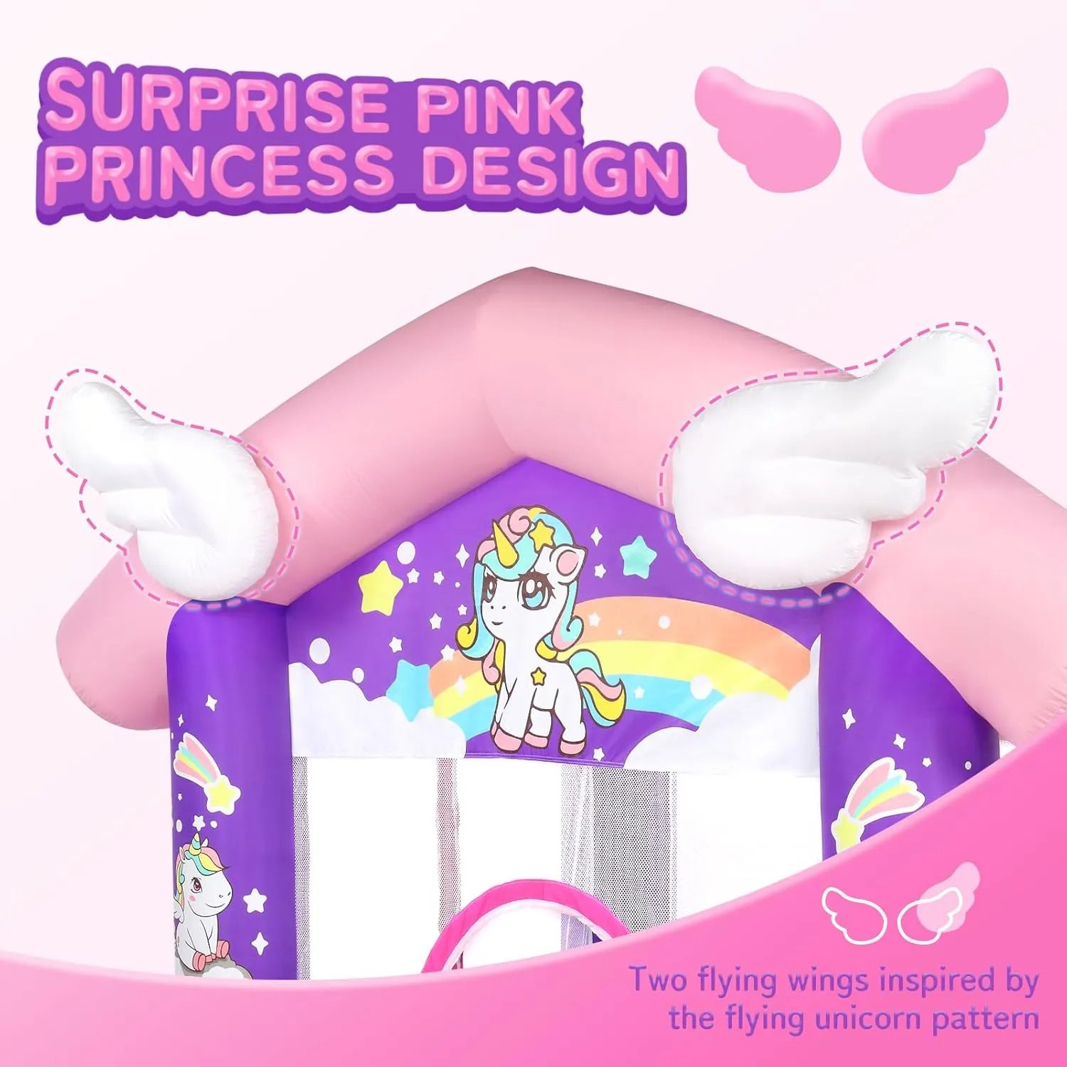 JOYMOR Pink Inflatable Bounce House with Slide, Unicorn Theme Princess, for Girls Outdoor and Indoor Use, Pink Bounce House for Kids 3-6 (Blower Included)