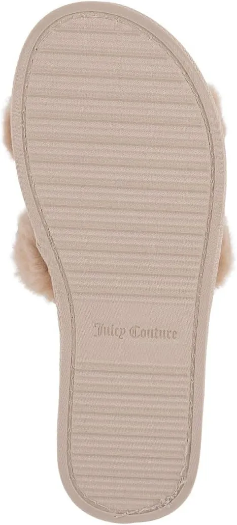 Juicy Couture Women's Plush Faux Fur Slippers – Cozy Open-Toe Slides, Soft Indoor/Outdoor House Shoes