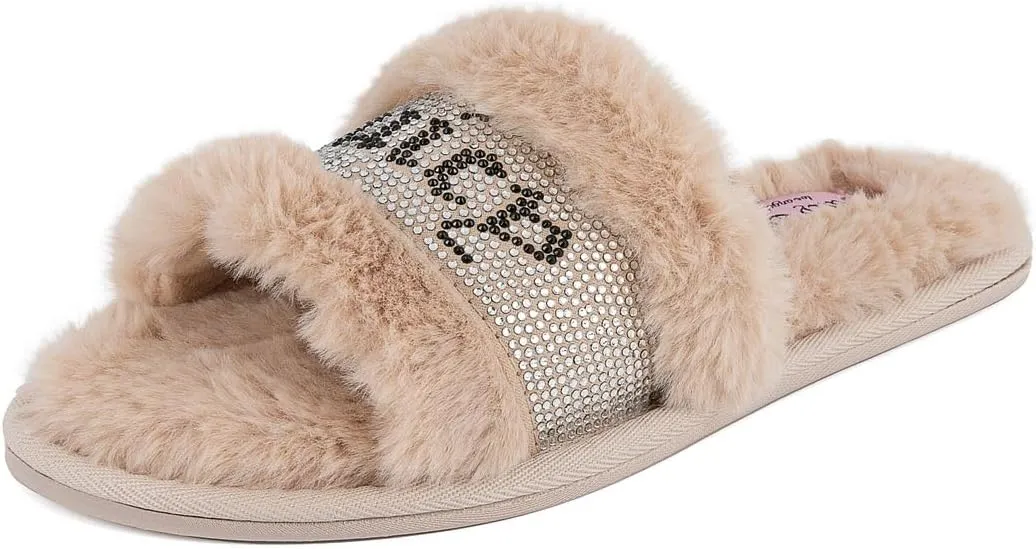 Juicy Couture Women's Plush Faux Fur Slippers – Cozy Open-Toe Slides, Soft Indoor/Outdoor House Shoes