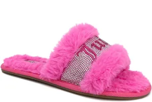 Juicy Couture Women's Plush Faux Fur Slippers – Cozy Open-Toe Slides, Soft Indoor/Outdoor House Shoes