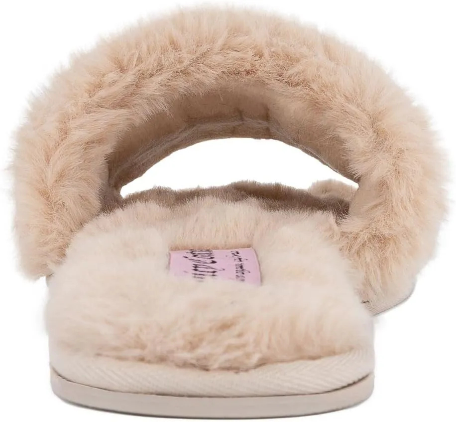 Juicy Couture Women's Plush Faux Fur Slippers – Cozy Open-Toe Slides, Soft Indoor/Outdoor House Shoes