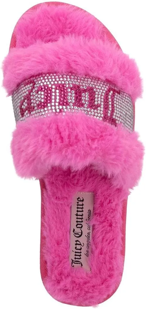 Juicy Couture Women's Plush Faux Fur Slippers – Cozy Open-Toe Slides, Soft Indoor/Outdoor House Shoes