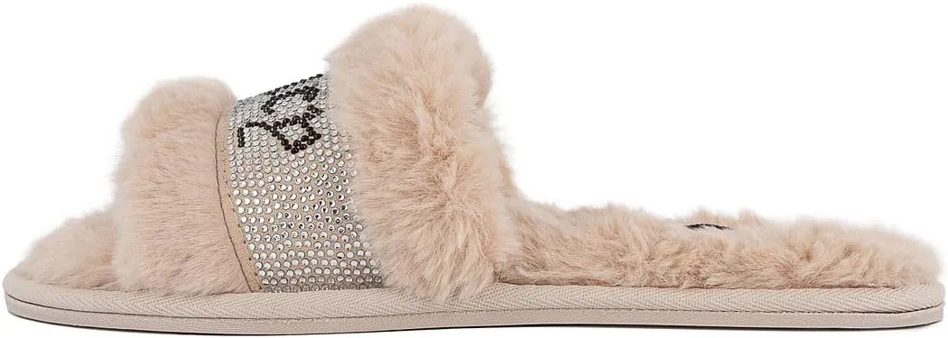Juicy Couture Women's Plush Faux Fur Slippers – Cozy Open-Toe Slides, Soft Indoor/Outdoor House Shoes
