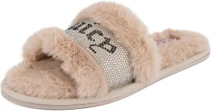 Juicy Couture Women's Plush Faux Fur Slippers – Cozy Open-Toe Slides, Soft Indoor/Outdoor House Shoes
