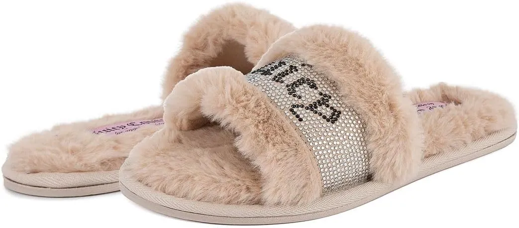 Juicy Couture Women's Plush Faux Fur Slippers – Cozy Open-Toe Slides, Soft Indoor/Outdoor House Shoes