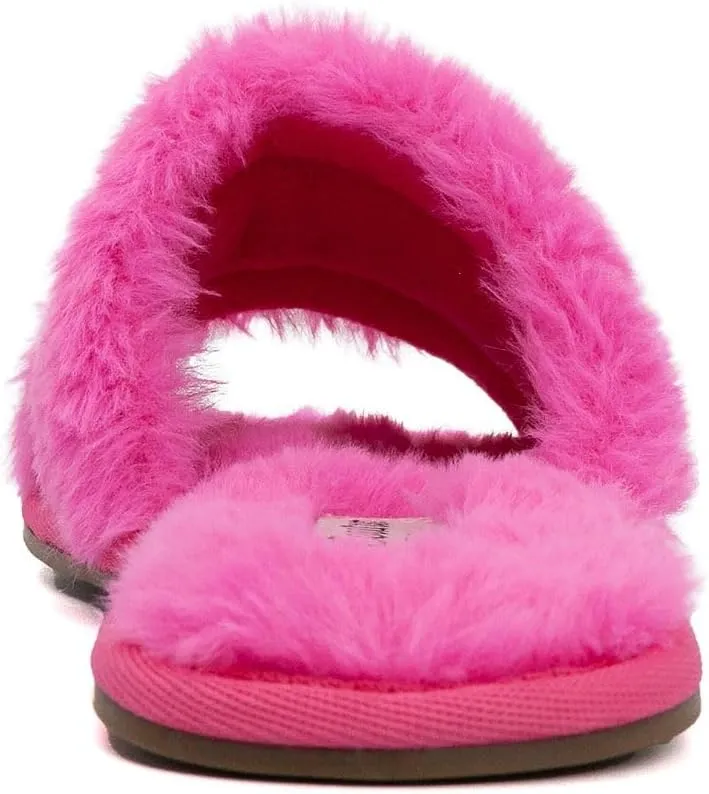 Juicy Couture Women's Plush Faux Fur Slippers – Cozy Open-Toe Slides, Soft Indoor/Outdoor House Shoes