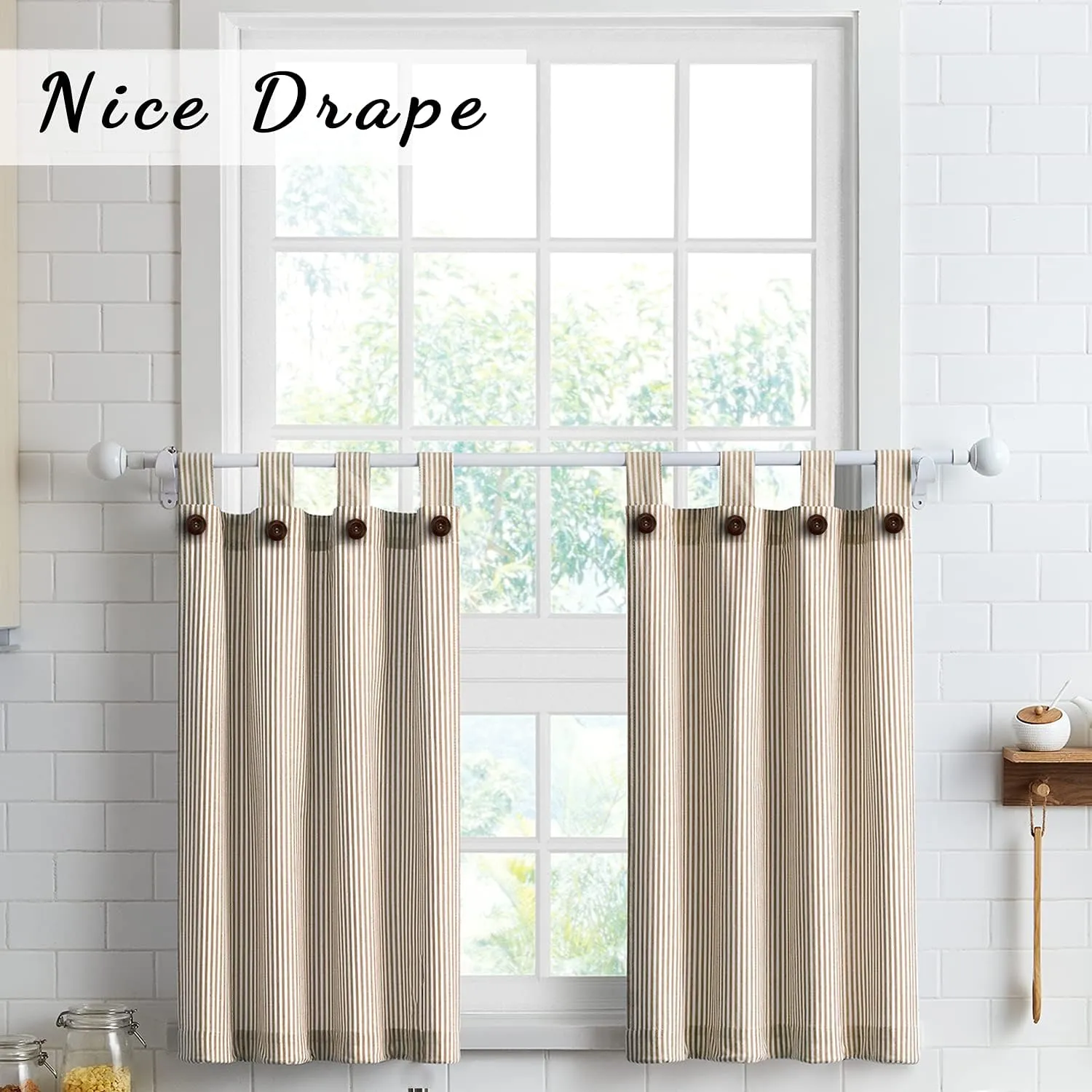 July Joy 3-Piece Cotton Tier Curtains 36 Inches Long Country Kitchen Curtains Set Tab Top for Small Window Bathroom Farmhouse 56" x 36", Linen