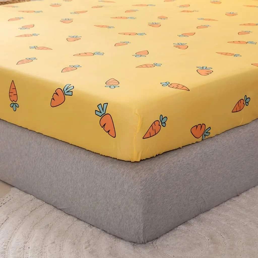 Kids Bed Sheet Set Cute Cartoon Carrot Fitted Sheet for Girls Children Bedroom Decor King Bright Yellow Bedding Set Soft Fresh Fruit Bed Cover with 2 Pillow Cases,Flat Sheet not Included