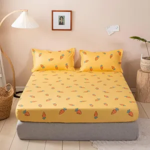 Kids Bed Sheet Set Cute Cartoon Carrot Fitted Sheet for Girls Children Bedroom Decor King Bright Yellow Bedding Set Soft Fresh Fruit Bed Cover with 2 Pillow Cases,Flat Sheet not Included