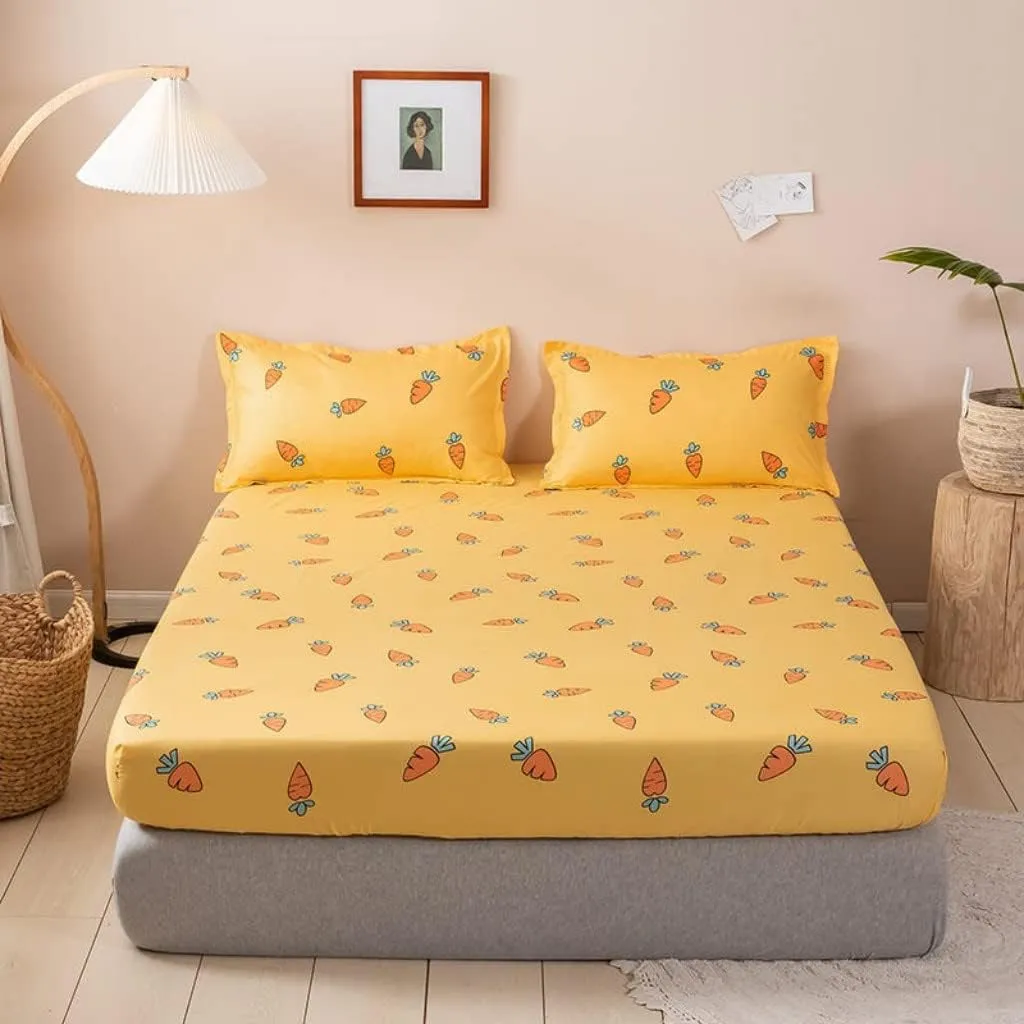 Kids Bed Sheet Set Cute Cartoon Carrot Fitted Sheet for Girls Children Bedroom Decor King Bright Yellow Bedding Set Soft Fresh Fruit Bed Cover with 2 Pillow Cases,Flat Sheet not Included