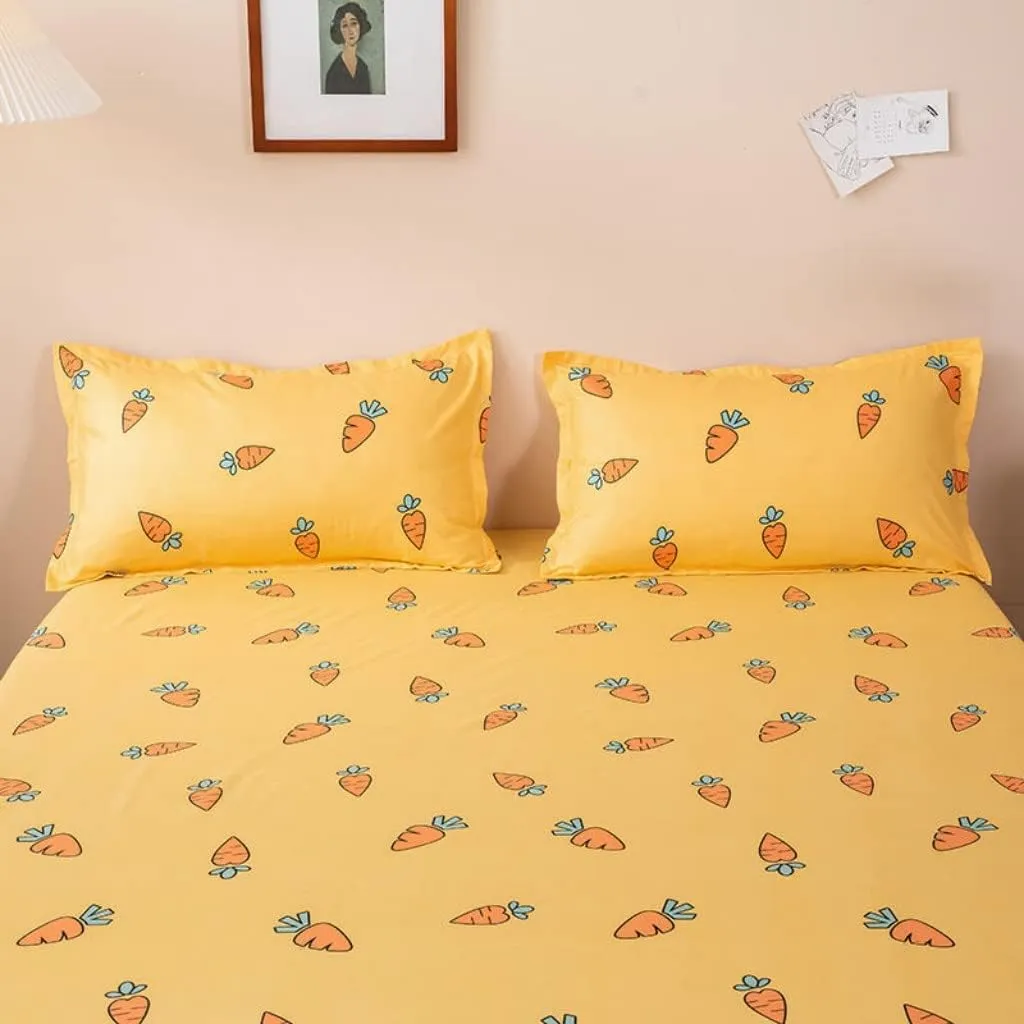 Kids Bed Sheet Set Cute Cartoon Carrot Fitted Sheet for Girls Children Bedroom Decor King Bright Yellow Bedding Set Soft Fresh Fruit Bed Cover with 2 Pillow Cases,Flat Sheet not Included