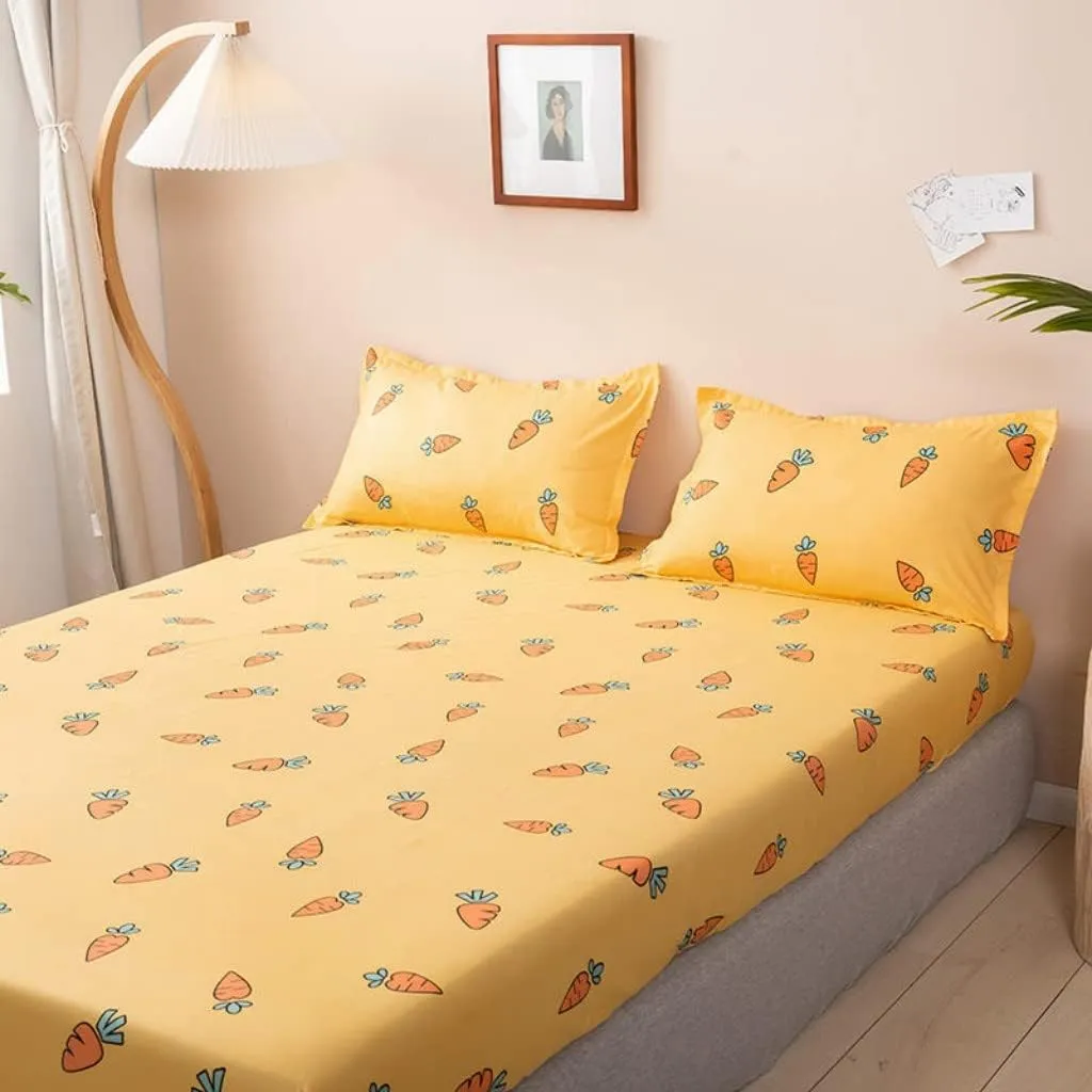 Kids Bed Sheet Set Cute Cartoon Carrot Fitted Sheet for Girls Children Bedroom Decor King Bright Yellow Bedding Set Soft Fresh Fruit Bed Cover with 2 Pillow Cases,Flat Sheet not Included